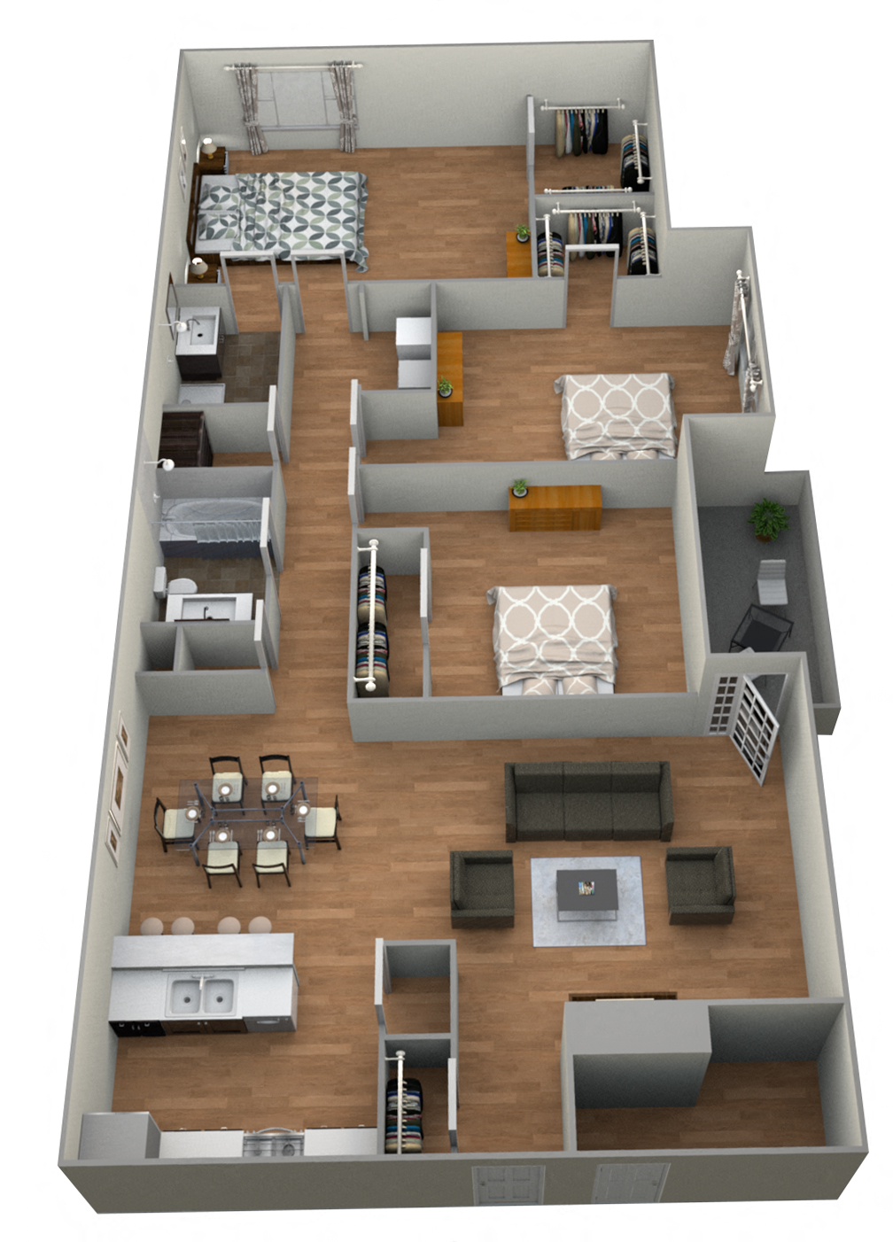 Floor plan for 3 beds, 2 baths, 1297 sqft